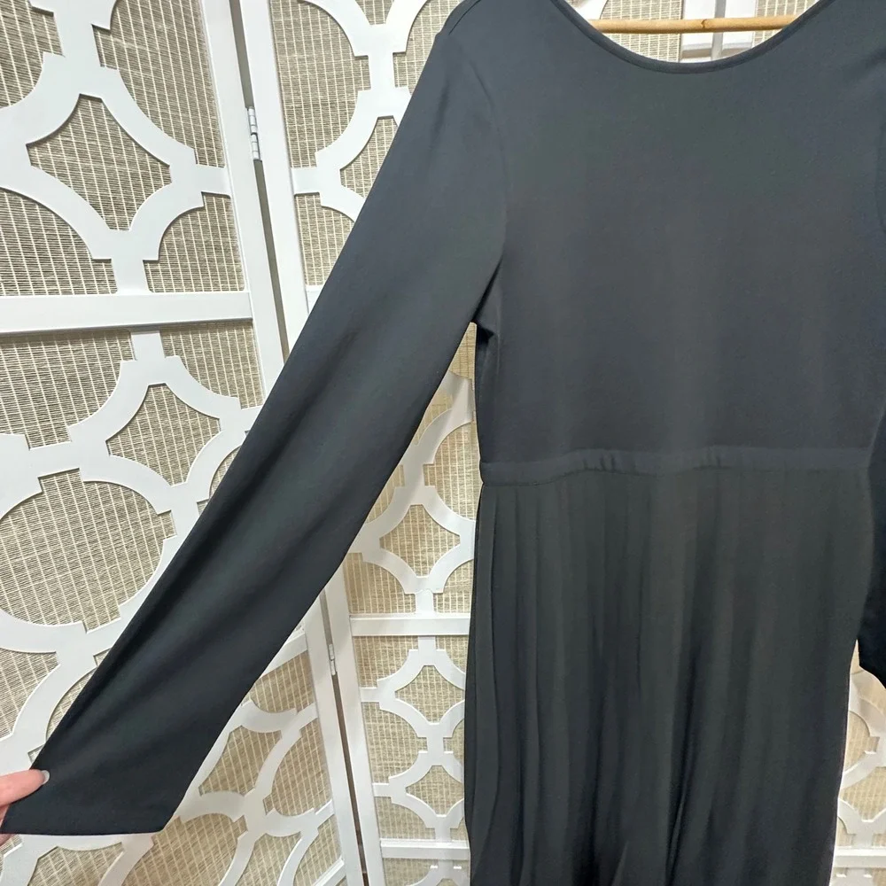 J.Crew Pleated Maxi Dress Women L Black Long Sleeve Scoop Neck Modest Minimalist